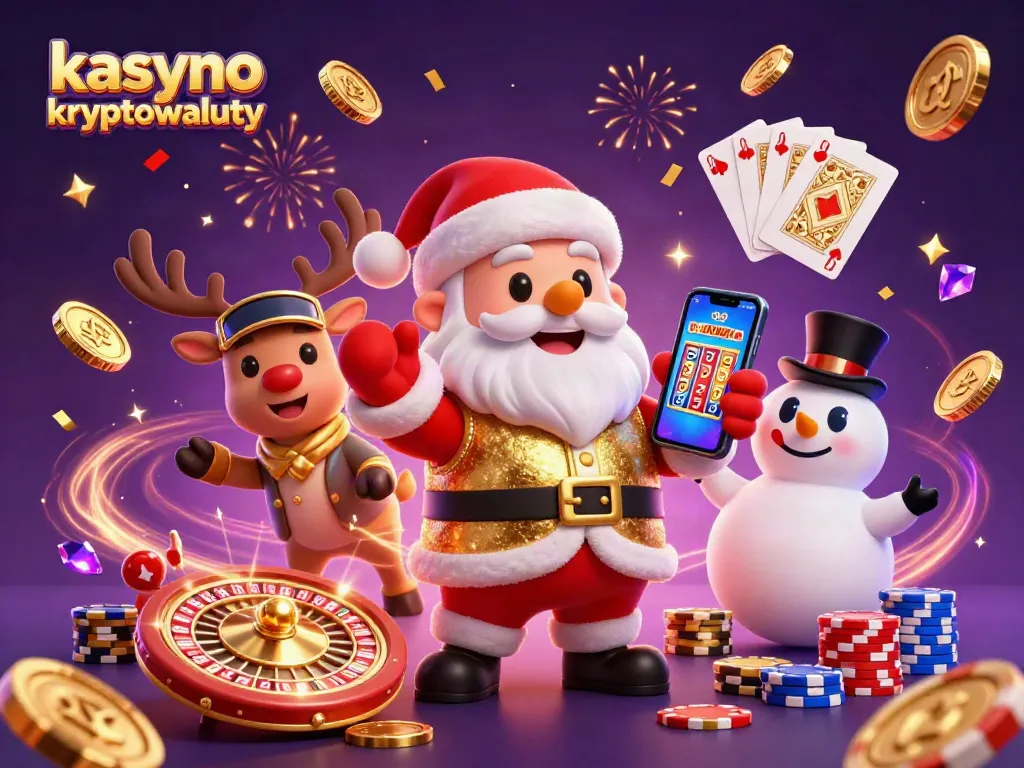 Engage with kasyno kryptowaluty featuring Santa, a reindeer dealer, and a poker chip snowman in a dynamic casino scene.