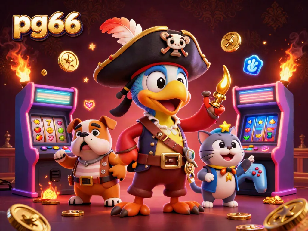 Engage with the vibrant world of pg66, featuring an intricate 3D scene of a pirate captain, bulldog, and cat amidst casino slot reels.
