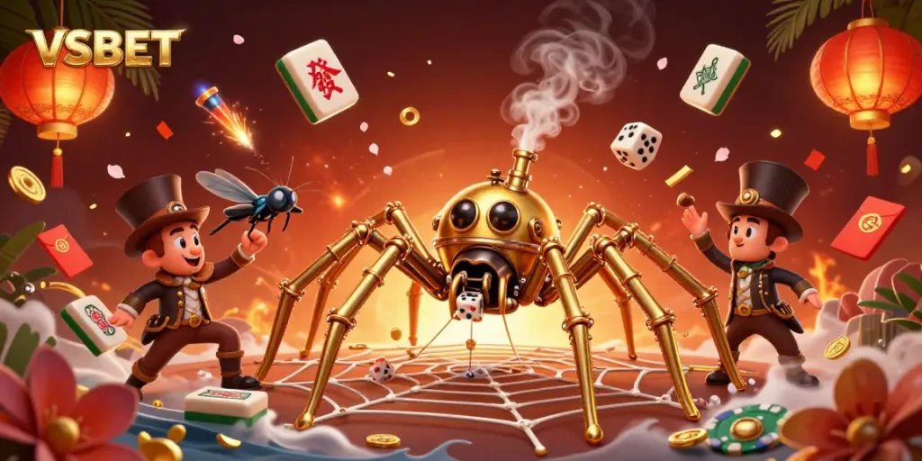 VSBET features a golden spider entangling dice in its web amidst vibrant casino elements.