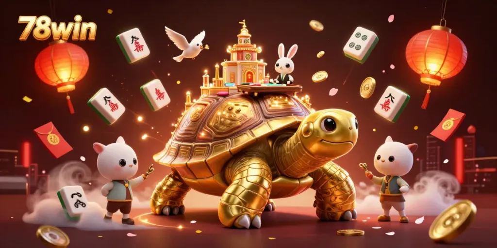 Experience exciting casino action with 78win’s vibrant illustration of a golden tortoise and dealer