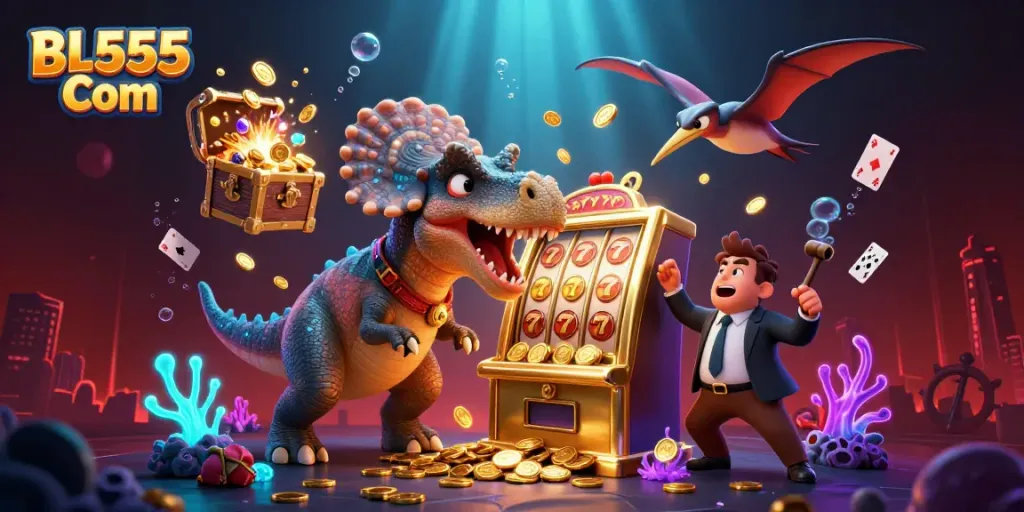 BL555 Com features an exciting scene with a dinosaur and casino elements celebrating a jackpot.