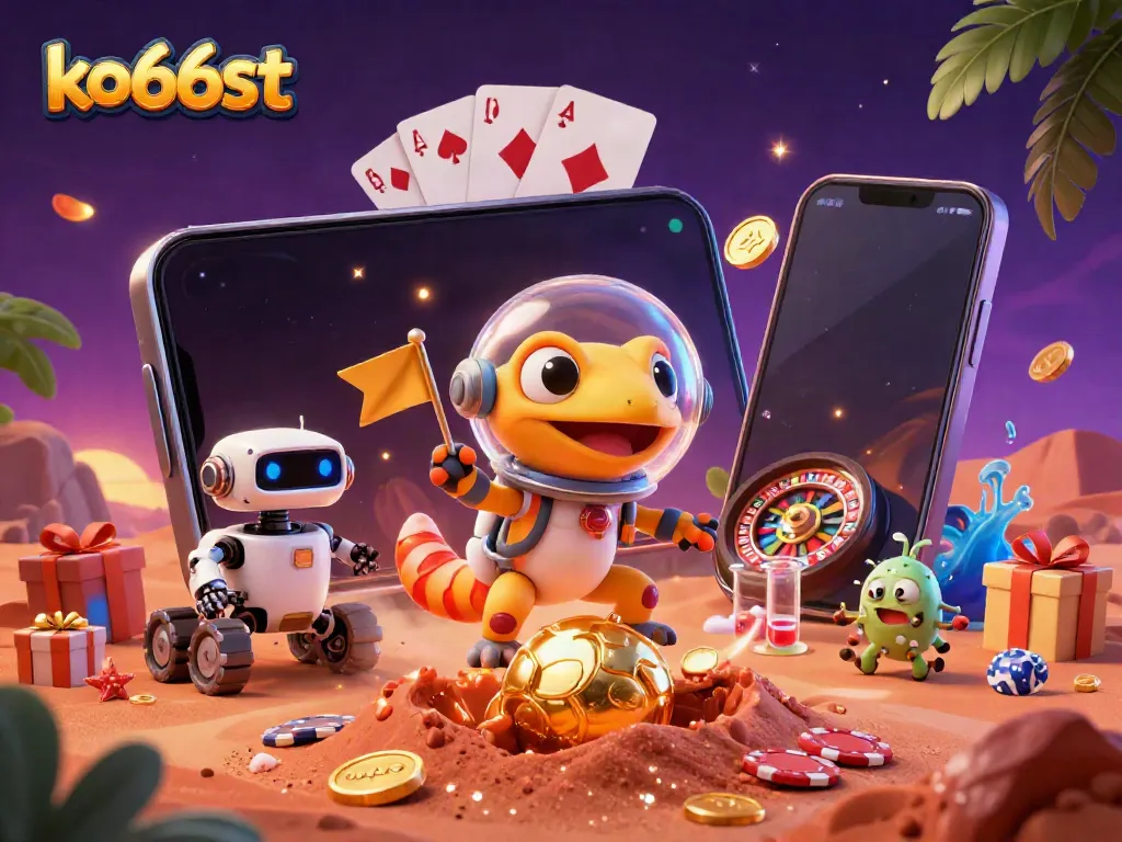 Experience vibrant moments at KO66ST with a lively casino discovery scene featuring an alien Martian gecko.