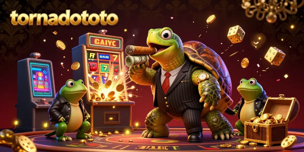 Experience the thrill of tornadototo with a cartoon turtle in mobster attire amidst dynamic casino elements.