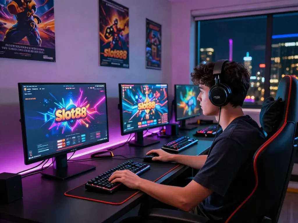 Engaged player exploring the Slot88 platform on a vibrant gaming setup