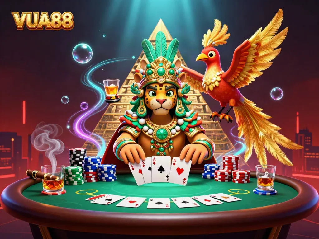 Experience thrilling gameplay at VUA88 with a vibrant 3D casino scene filled with poker elements.