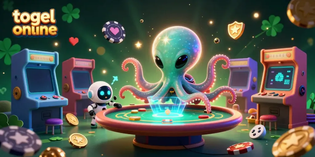 Gambaran visual menarik tentang togel online dengan karakter luar angkasa dan permainan holografis.