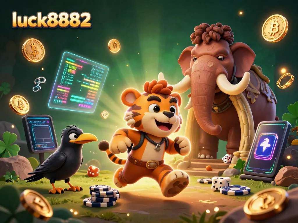 Experience luck8882's vibrant prehistoric casino scene filled with Bitcoin and Ethereum coins.
