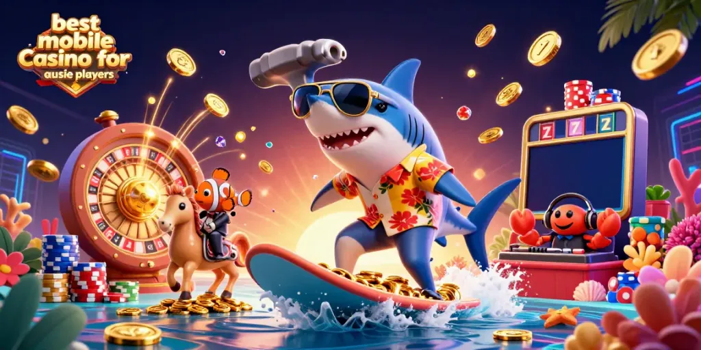 Experience the best mobile casino for Aussie players with a vibrant 3D illustration featuring exciting gaming elements.