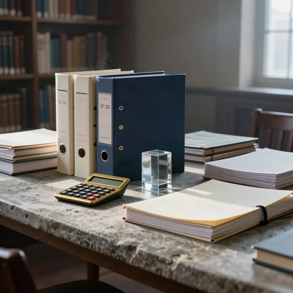 Tablica z kursami obligacji: bindery, kalkulator, folder i szklany ciężarek w mroźnym świetle.