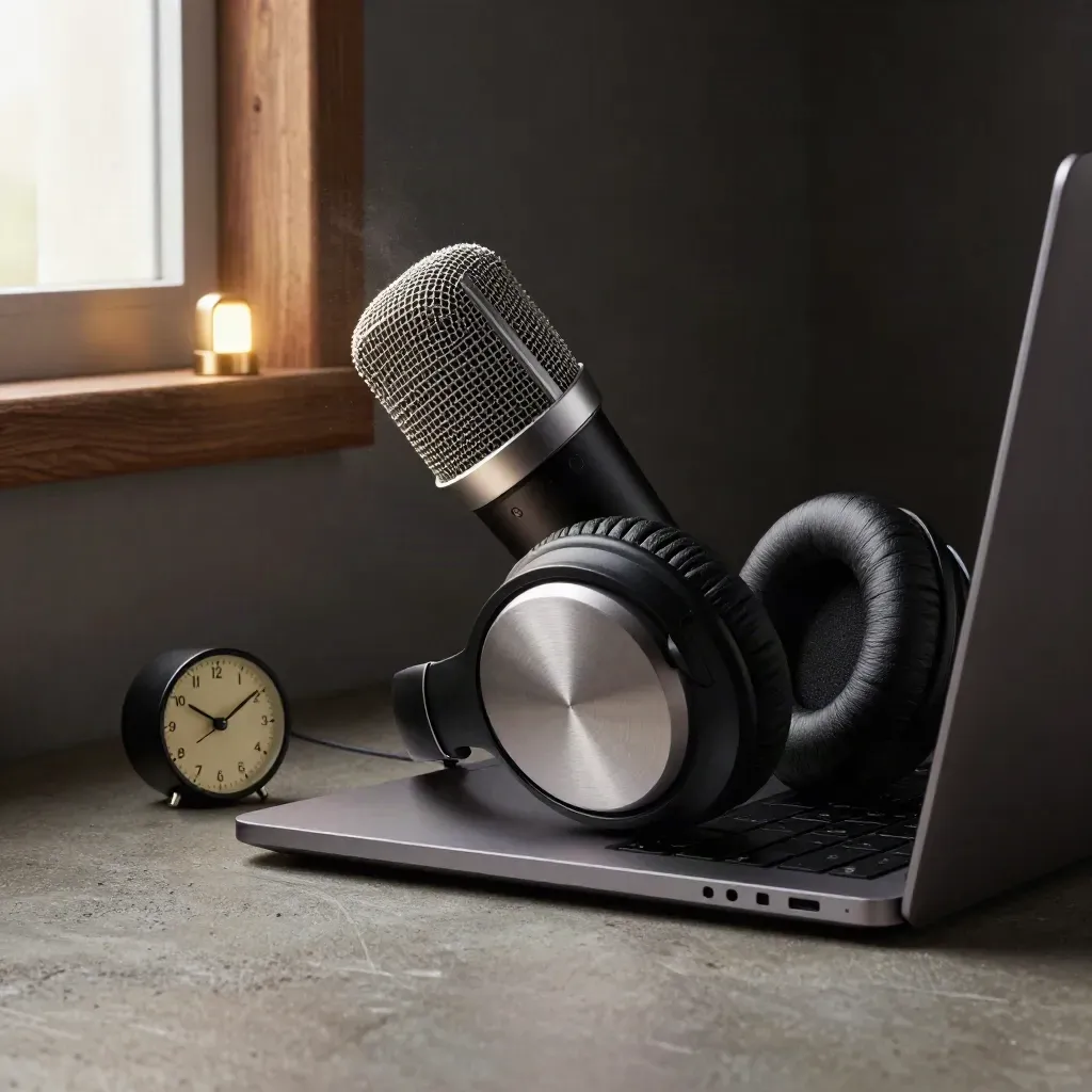 Mikrofon, słuchawki i zamknięty laptop gotowe do webinaru, w ciepłym półmroku.