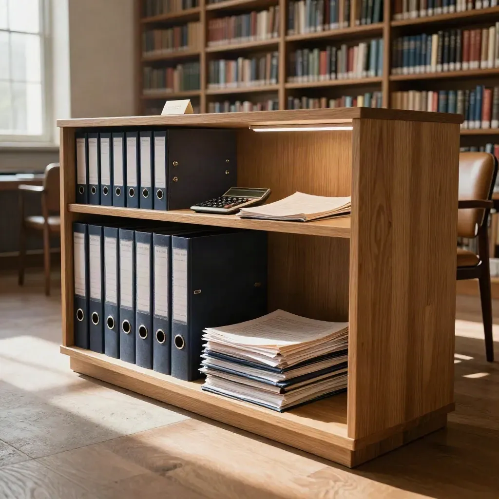Pusta stacja nauki w bibliotece ekonomicznej z segregatorami i kalkulatorem w ciepłym świetle.