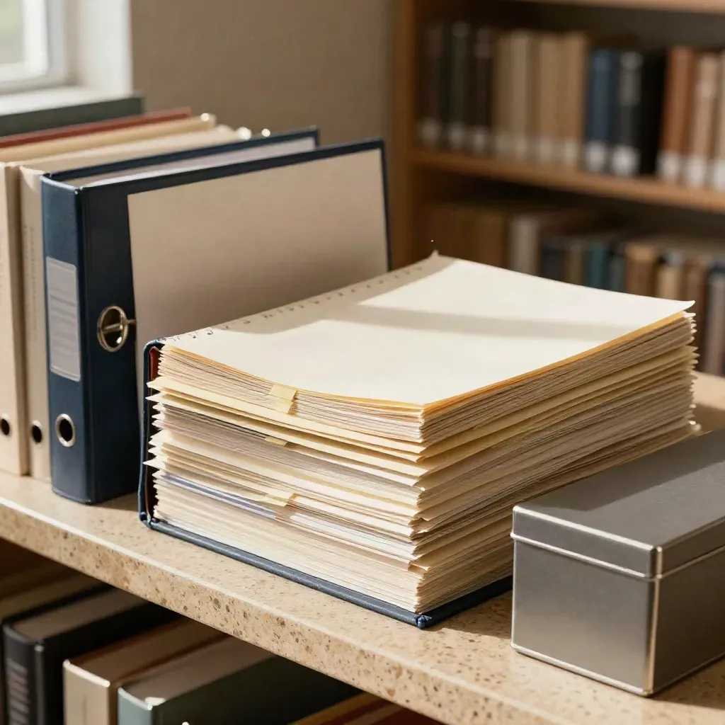 Uporządkowany segregator z notatkami, klipsami i pudełkiem archiwalnym w bibliotecznym świetle.
