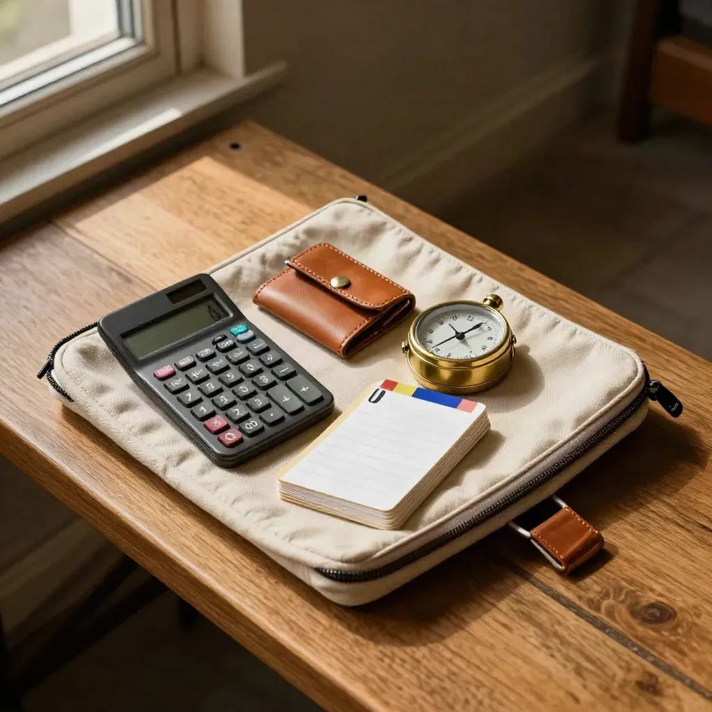 Pakiet do nauki na egzamin spakowany w etui: timer, kalkulator, fiszki i zakreślacz.