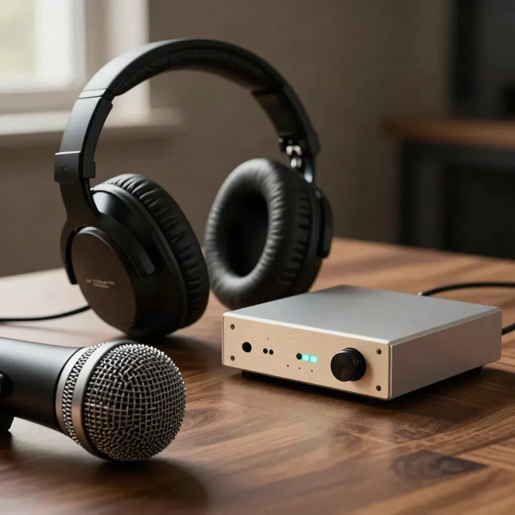 Mikrofon, słuchawki i interfejs audio z tealowym światłem na ciemnym biurku.