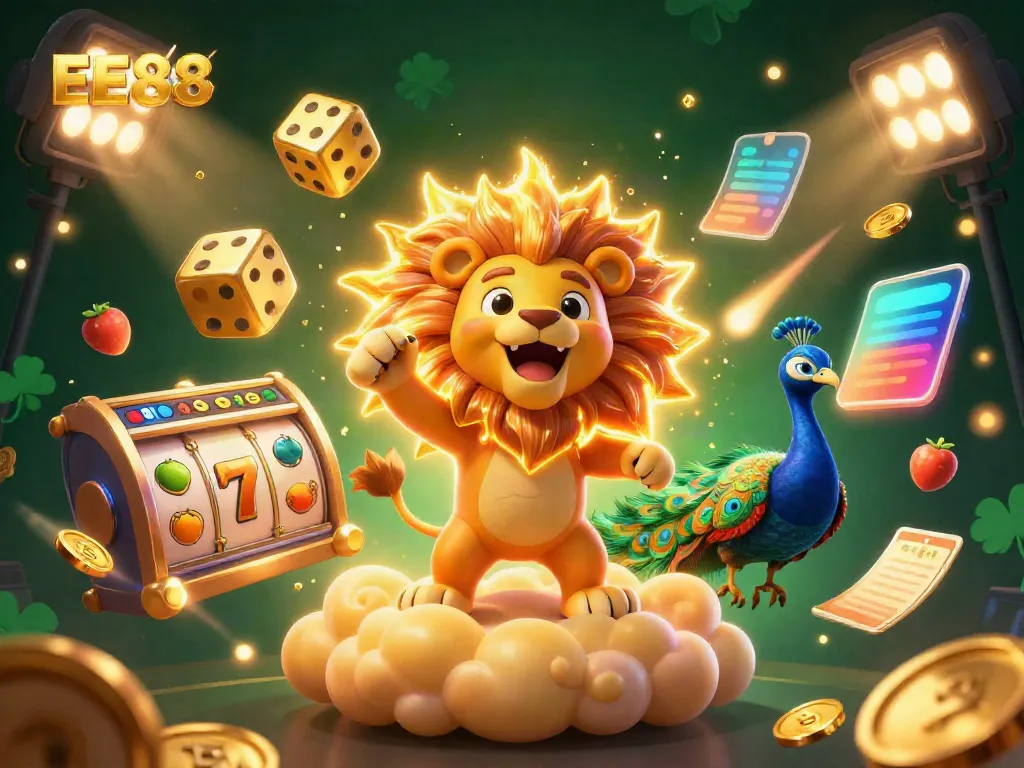 Experience the thrill of EE88 with a vibrant digital casino scene filled with dynamic game elements and exciting characters.