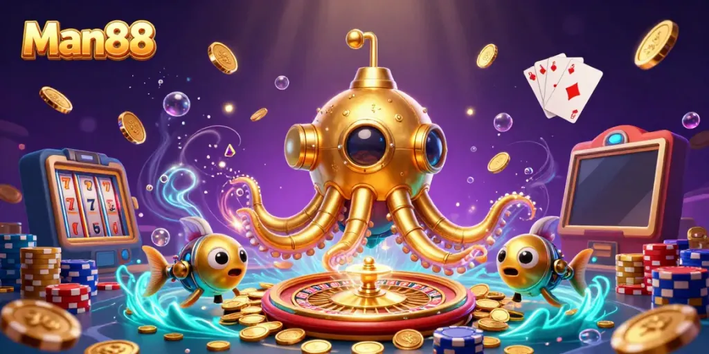 Engage in thrilling gameplay at Man88 with a vibrant, immersive illustration of casino elements.