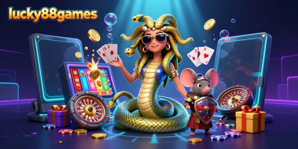 Experience joyful gaming with lucky88games, featuring a playful Medusa and vibrant casino elements.