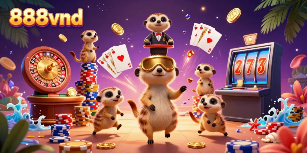 Engaging meerkats operating a vibrant casino at 888vnd with golden coins and spinning roulette.