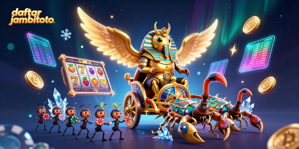 Engage with daftar jambitoto while experiencing vibrant online slots and poker in this casino-themed illustration.