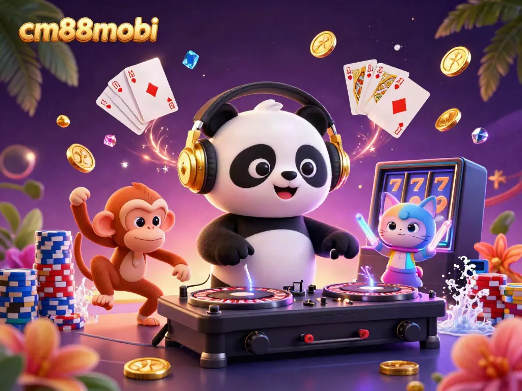 Experience winning potential with cm88mobi's vibrant 3D casino scene featuring a DJ panda and animated characters.