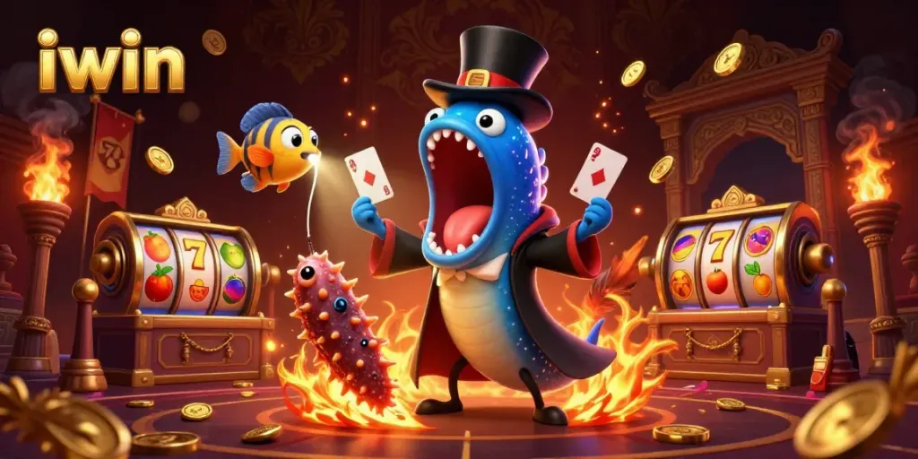 Engage in thrilling iwin card tricks with a magical underwater casino scene featuring vibrant sea creatures.
