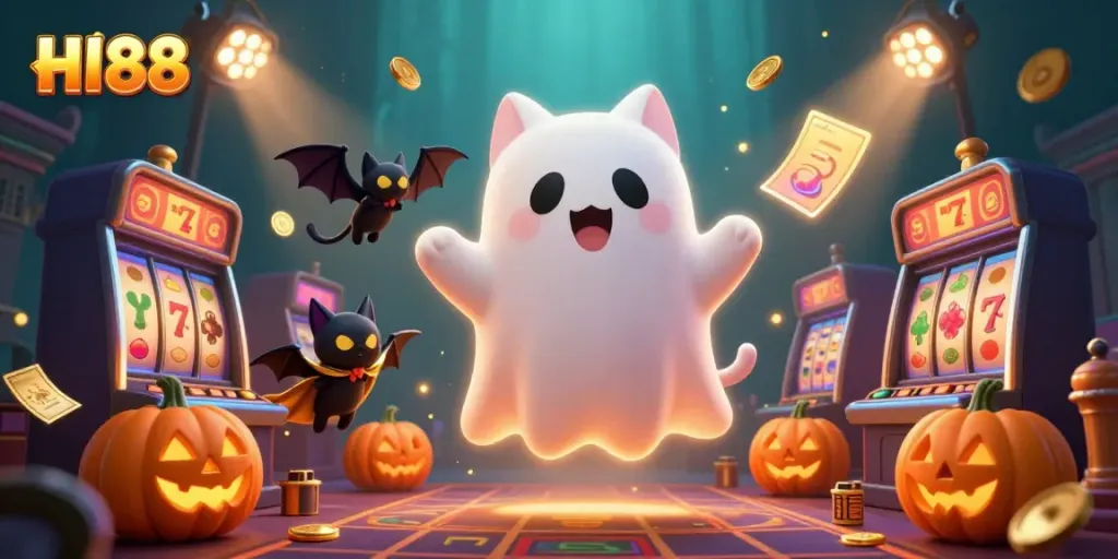 Experience the vibrant casino atmosphere with HI88, where a ghost cat and vampire bat explore captivating gaming adventures.