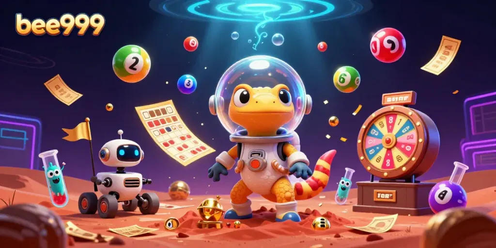 Engage with bee999's dynamic casino adventure featuring a gecko navigating a treasure-filled Martian landscape.