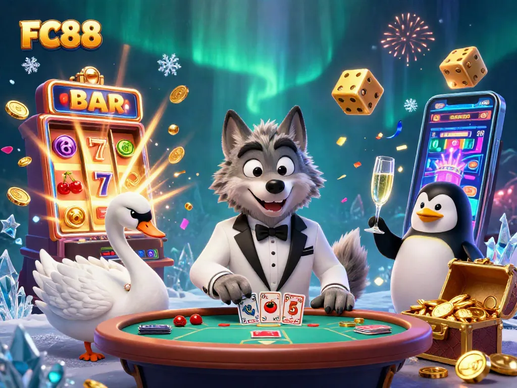 FC88 players enjoying a vibrant casino scene with a wolf, swan, and penguin amid a jackpot celebration