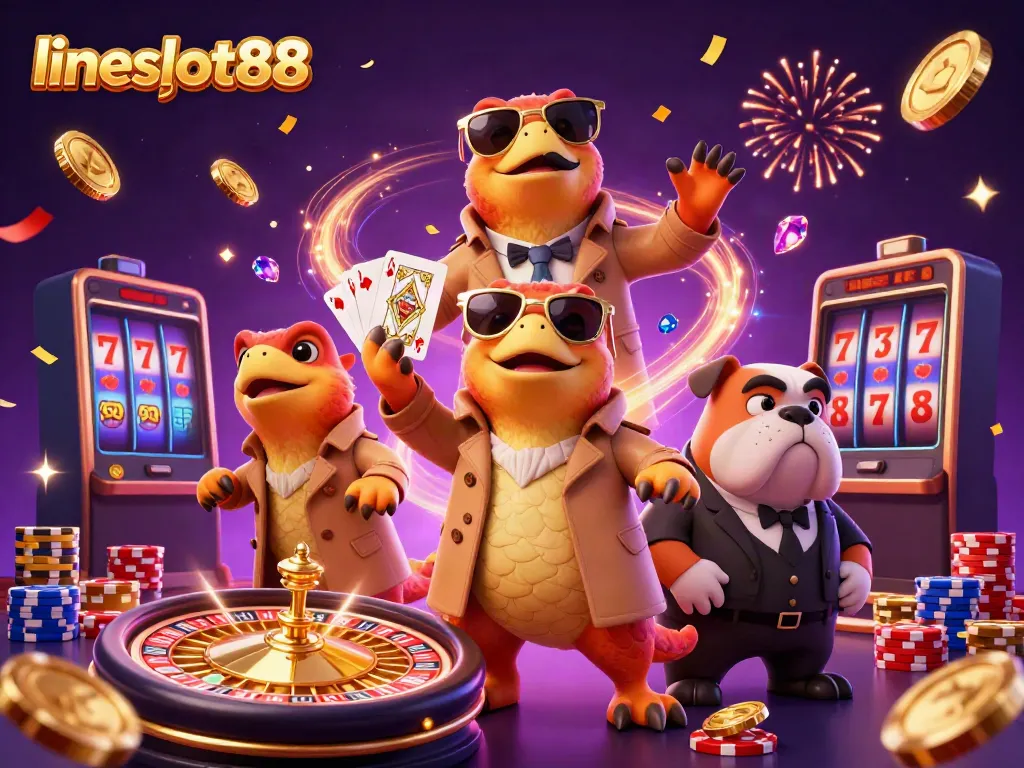 Experience the excitement at lineslot88 with raptors in a trench coat entering a VIP casino!