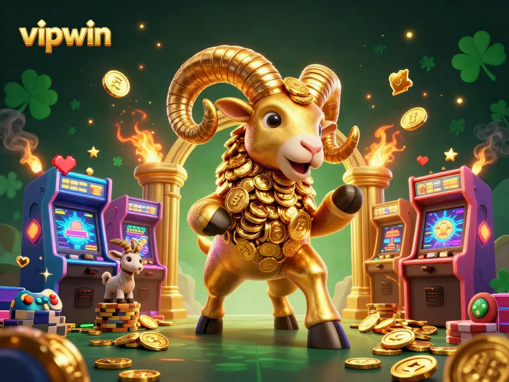 Engage with vipwin as a golden ram charges through a vibrant casino scene filled with dynamic game elements.
