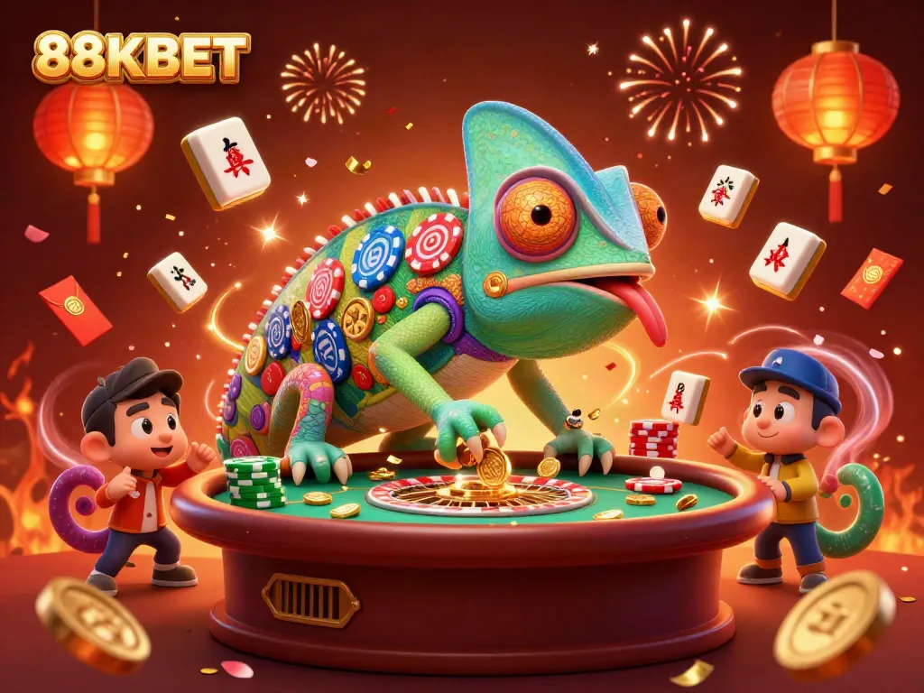 Experience the excitement of 88KBET with a vibrant chameleon casino owner capturing golden coins amidst a festive atmosphere.