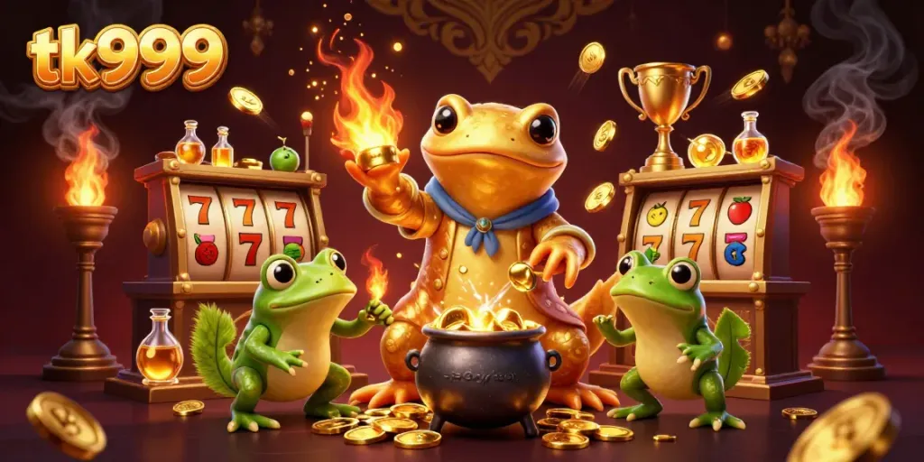 Experience the excitement of tk999 with a vibrant, animated scene featuring alchemical creations and casino elements.