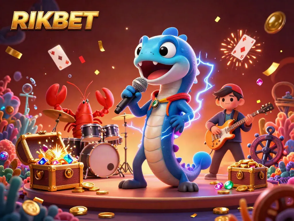 Experience RIKBET excitement with a vibrant underwater casino scene featuring a DJ eel, performing alongside a lobster drummer and a seahorse guitarist.