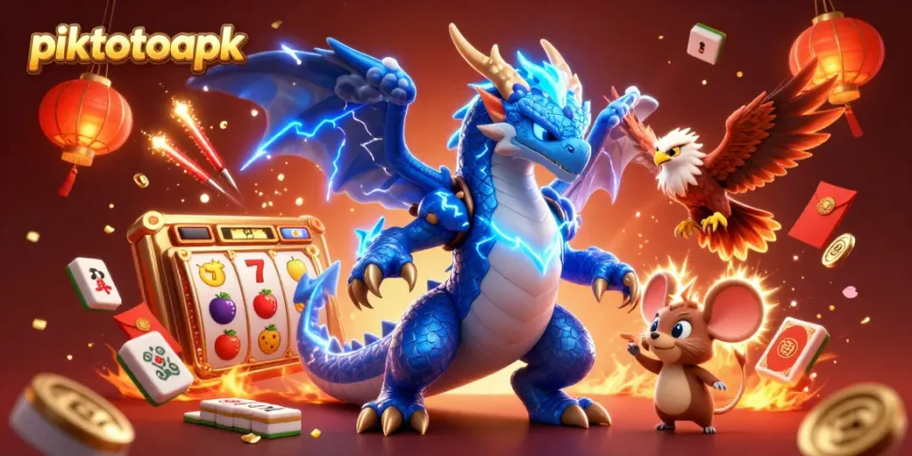 Engage with piktotoapk through this vibrant illustration featuring a thunder dragon and slot reels.