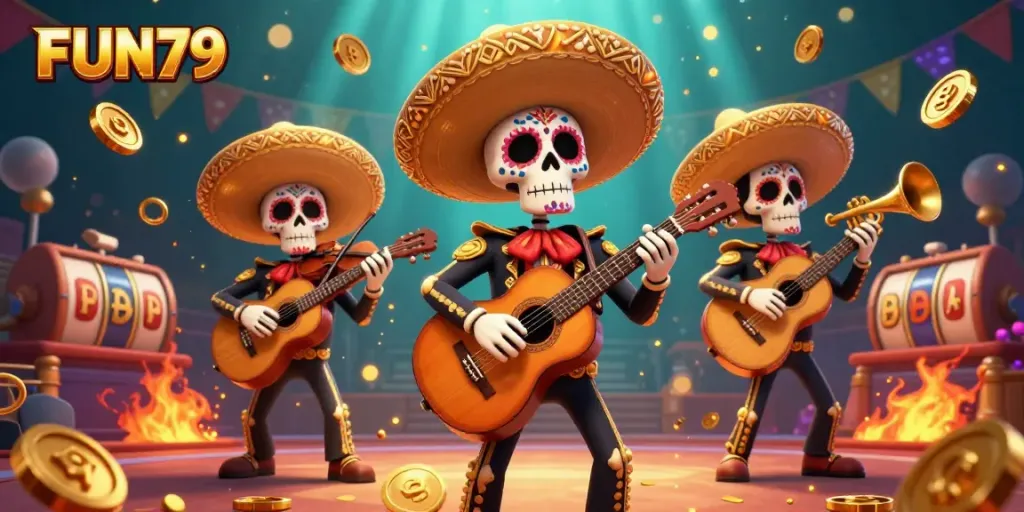 Experience the thrilling world of FUN79 with a vibrant mariachi band surrounded by dynamic casino elements.