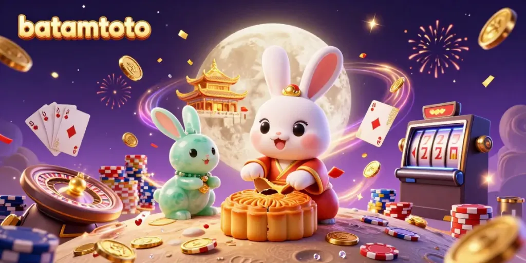 Experience thrilling batamtoto gameplay with a dynamic casino moon scene filled with poker chips and casino elements.