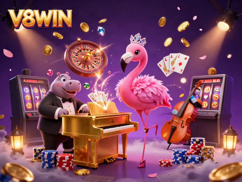 Experience excitement with V8WIN as a flamingo singer and hippo bassist light up the casino scene.