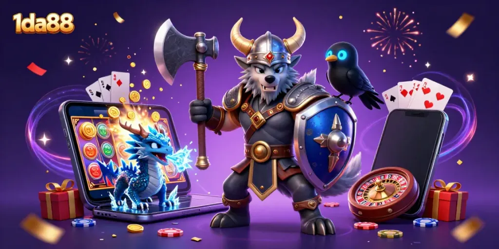 Experience thrilling gaming action at 1da88 with colorful slots, fierce dragons, and majestic warriors.