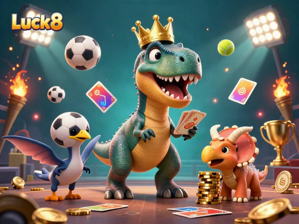 Experience the thrill of Luck8 with dynamic scenes of gaming excitement featuring vibrant characters and sports elements.