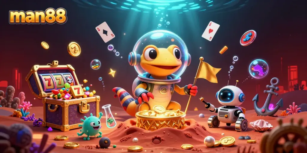 Experience thrilling gaming at man88 with vibrant 3D illustrations of a casino adventure.