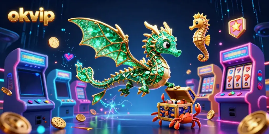 Engage in thrilling gaming with okvip, featuring a vibrant 3D casino scene and dynamic arcade elements.