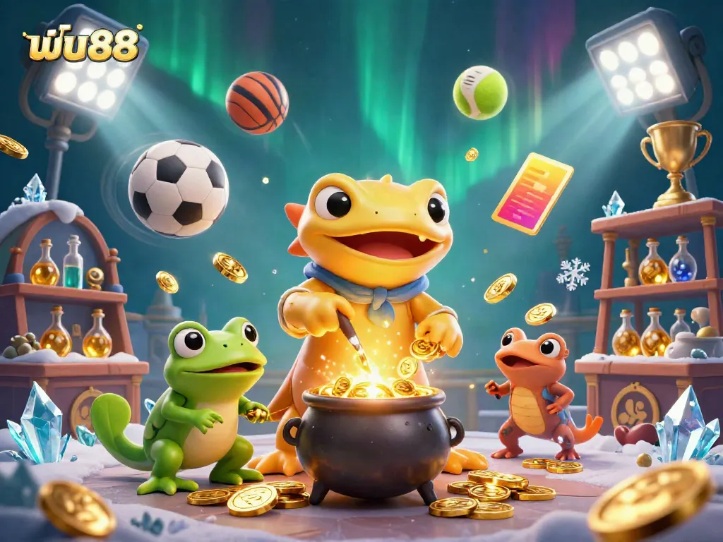 Engaging fantasy scene showing ฟัน88 as characters create gold, filled with sports balls and trophies.