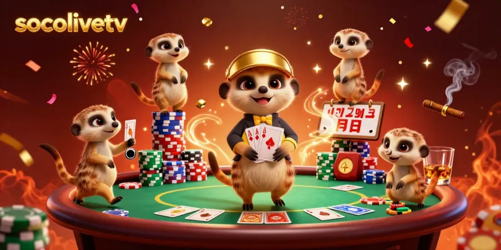 Experience the thrilling action with socolivetv's meerkats running a vibrant casino operation, complete with poker elements.