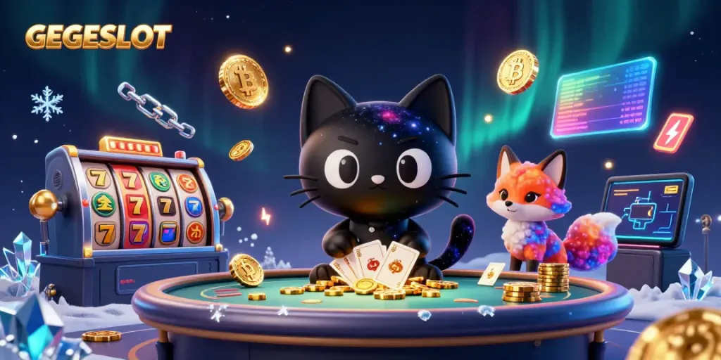 Engage with GEGESLOT at a cosmic casino featuring a black hole cat and ethereal fox amid slot reels.