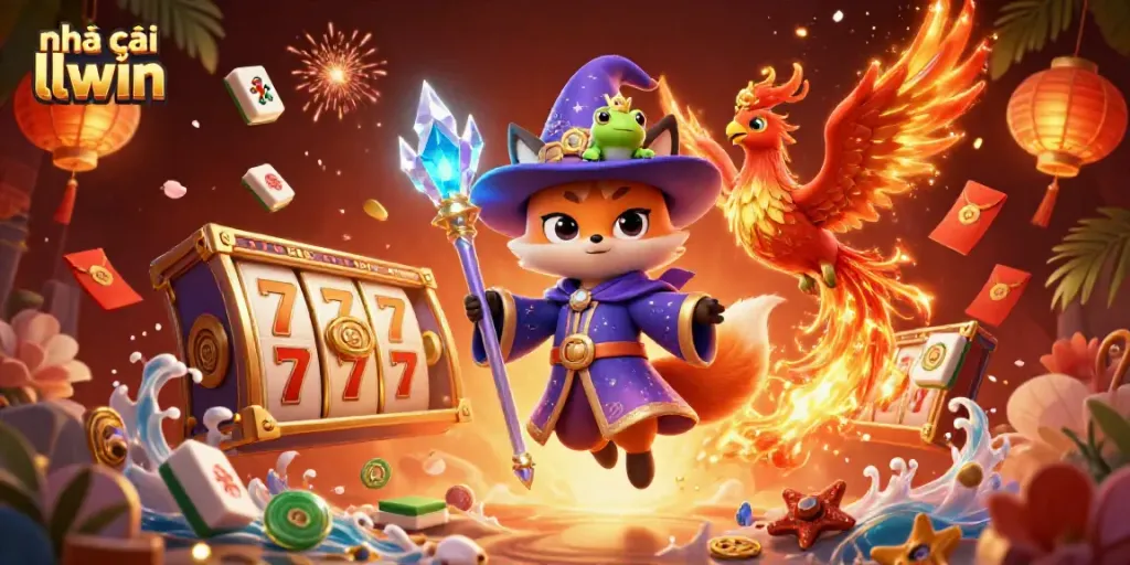 Experience the thrill of nhà cái llwin with a mystical wizard fox and a phoenix amidst vibrant casino elements.