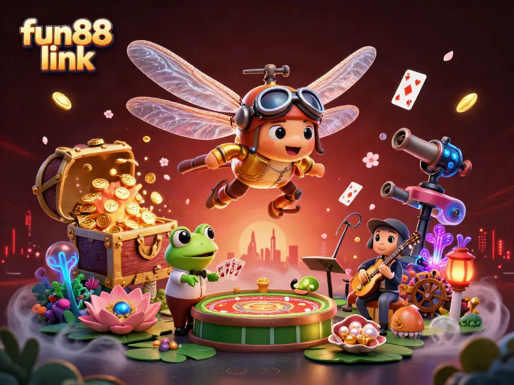 Experience the fun88 link with a vibrant 3D casino scene, featuring a dragonfly pilot and frog croupier in this dynamic illustration.