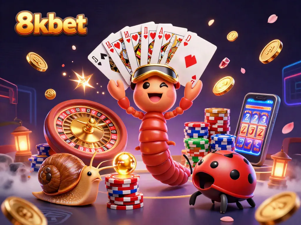 Engage with 8xbet's vibrant atmosphere featuring a cartoon millipede dealer and colorful gaming elements.