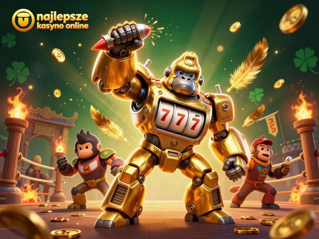 Experience the excitement of najlepsze kasyno online with a spectacular golden gorilla mech and vibrant gaming elements.