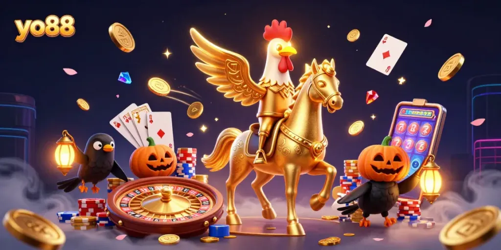Experience thrilling gaming with yo88 as a golden rooster and spectral horse in a vibrant casino.