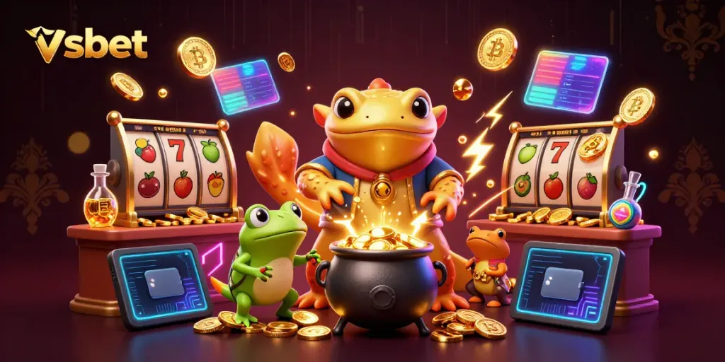 Experience the thrilling gameplay of vsbet with a dynamic 3D scene filled with golden alchemy and vibrant casino elements.